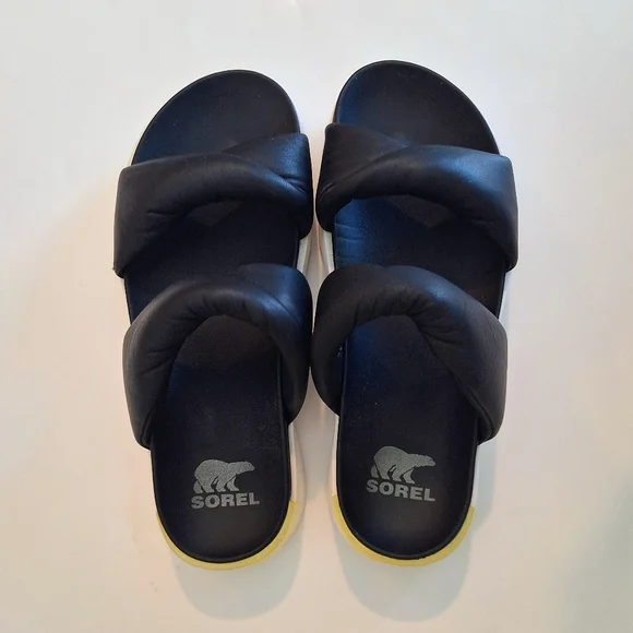 Sorel Viibe Twist Slide Sandals Black Soft Leather Size 10 - Picture 3 of 11